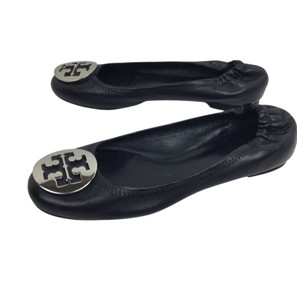 Tory Burch Black Leather Minnie Travel Ballet Flats W/ Silver Logo Womens 7 - Picture 2 of 11